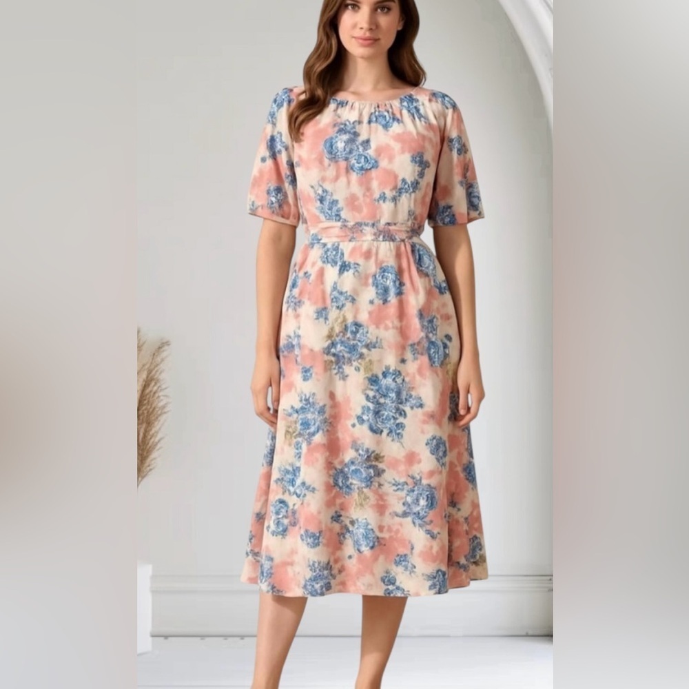 NWT!Floral Pink & Blue Off/On Shoulder Pocket Dress Size 10 or Medium - Picture 1 of 9